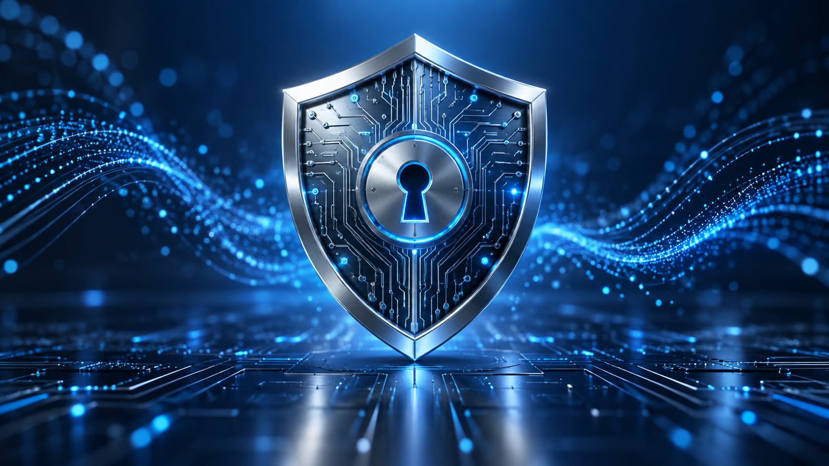 Metallic cybersecurity shield protecting digital systems